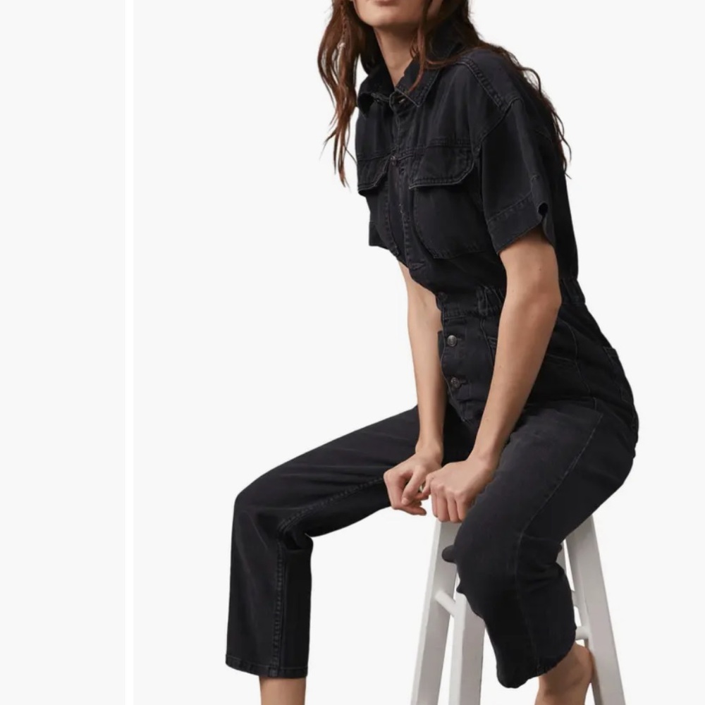 Free people We the Free Marci Denim Jumpsuit, iron black SIZE LARGE 1495